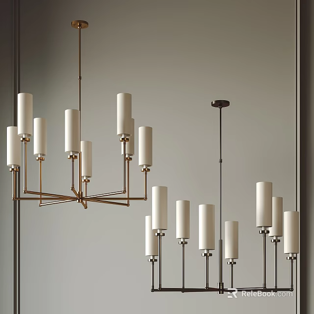 Contemporary Chandelier Design With Multiple White Cylindrical Shades And Brass Frame 3d model 