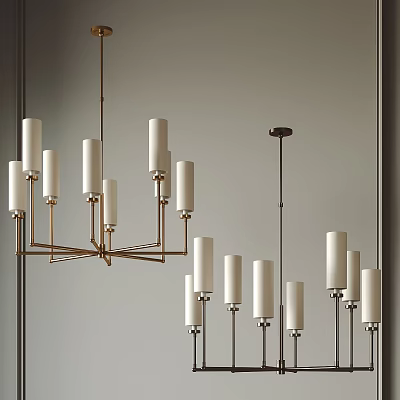 Contemporary Chandelier Design With Multiple White Cylindrical Shades And Brass Frame 3d model