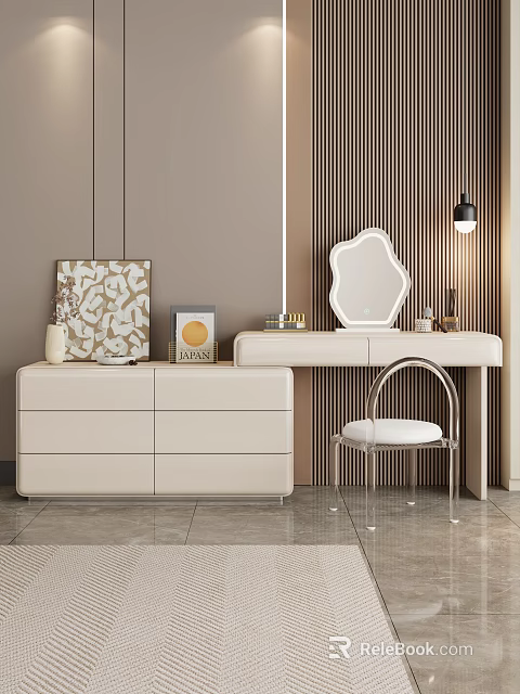 Modern Elegant Dressing Table with Ornate Mirror Table Lamp and Chest of Drawers 3d model 