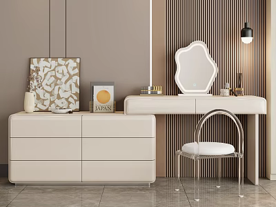 Modern Elegant Dressing Table with Ornate Mirror Table Lamp and Chest of Drawers 3d model