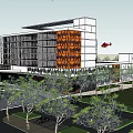 Modern Multi Story Building Exterior With Glass Facade Plaza And Bus