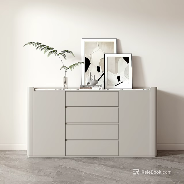 Elegant Entryway Console Cabinet With White Drawers Green Plant Vase And Black White Abstract Frames 3d model 