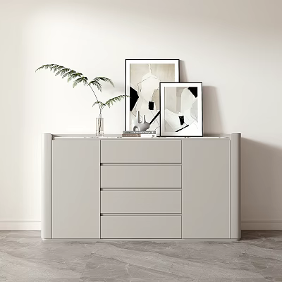 Elegant Entryway Console Cabinet With White Drawers Green Plant Vase And Black White Abstract Frames 3d model