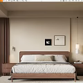 Modern Double Bed Bedroom Setup With Wooden Headboard Nightstands Lamps And Wall Art