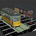 Yellow Classic Tram Parked on Tracks at Station Platform With Covered Shelter