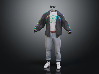 Trendy Jacket With Colorful Sleeves White T-shirt Green Graphic Light Jeans White Shoes And Sunglasses 3d model