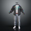 Trendy Jacket With Colorful Sleeves White T-shirt Green Graphic Light Jeans White Shoes And Sunglasses
