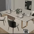 Modern Dining Table Set With Chairs Flower Centerpiece Tableware Rug And Wall Art