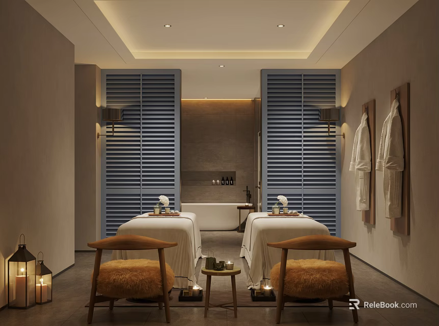 Luxury SPA Sauna Relaxation Room With Wooden Massage Beds Aromatherapy Candles And Soft Lighting 3d model 