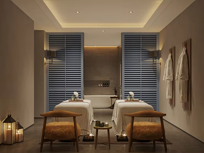 Luxury SPA Sauna Relaxation Room With Wooden Massage Beds Aromatherapy Candles And Soft Lighting 3d model