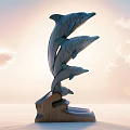 Three Leaping Dolphins Decorative Ornament Set With Wooden Wave Base Sunset Sky Sunlight And Clouds