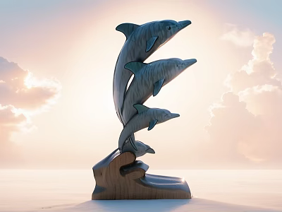 Three Leaping Dolphins Decorative Ornament Set With Wooden Wave Base Sunset Sky Sunlight And Clouds 3d model