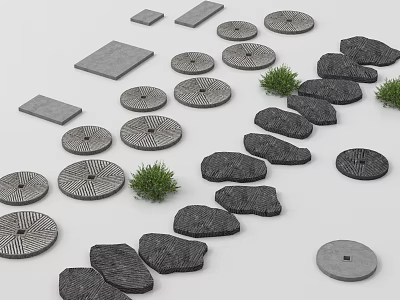 Garden Stepping Stones With Circular And Irregular Shaped Stone Slabs And Small Green Plants 3d model