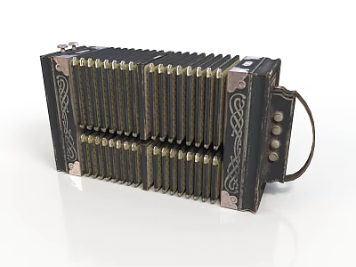 Vintage Accordion Household Item With Ornate Patterns Metal Keys And Leather Handle 3d model