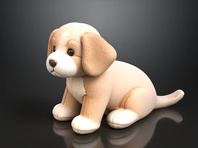 Cute Light Beige And Brown Plush Dog Doll Sitting On Black Surface With Reflection 3d model