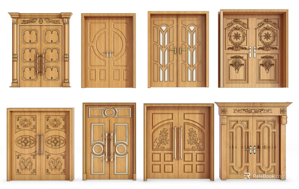Wooden Double Doors With Various Intricate Carved Patterns And Design Styles 3d model 