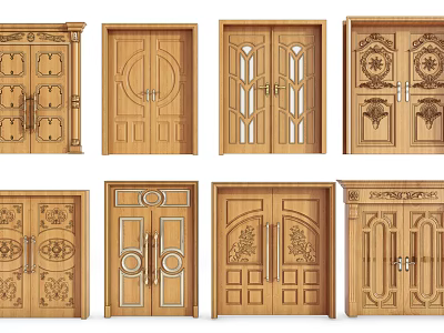 Wooden Double Doors With Various Intricate Carved Patterns And Design Styles 3d model