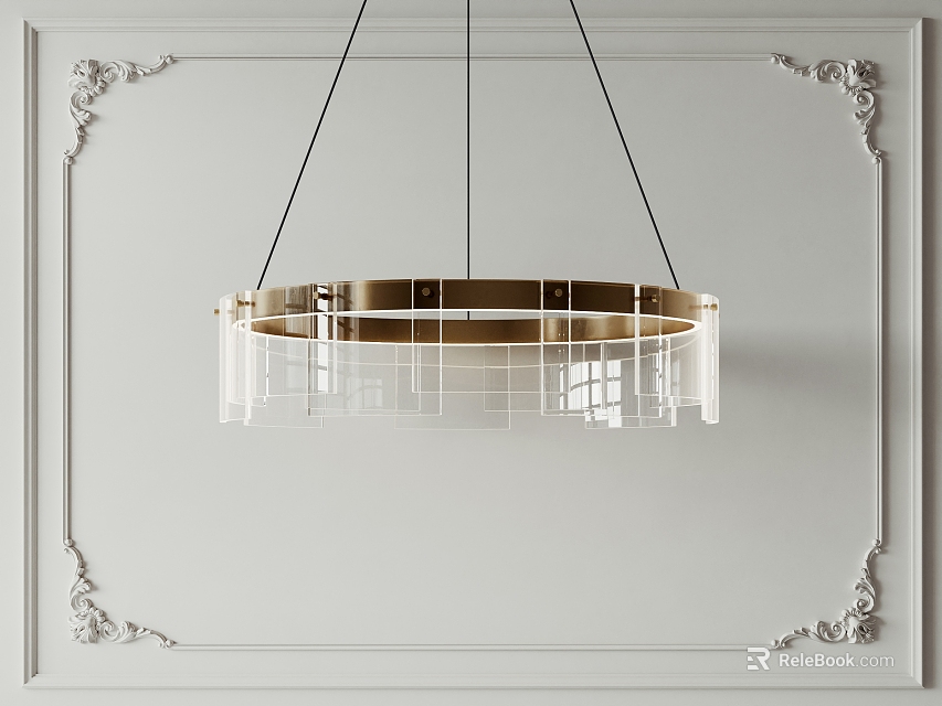 Elegant Gold Frame Pendant Light Featuring Wire Grid Design Against White Ornate Wall 3d model 