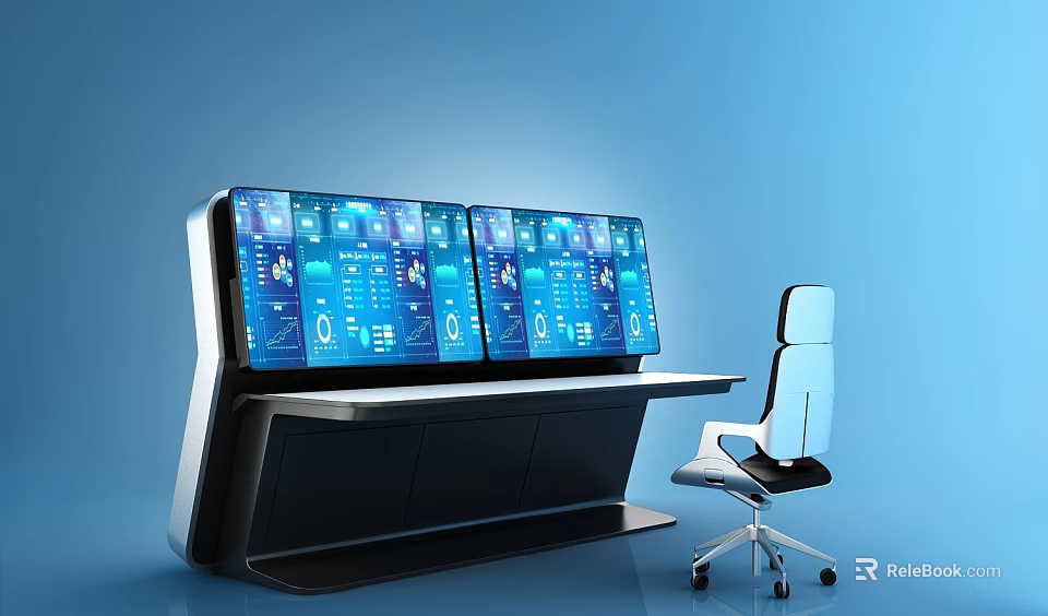 Modern Office Desk With Multiple Digital Screens Ergonomic Chair And Tech Interfaces 3d model 