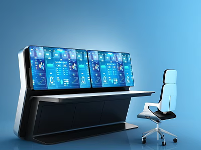 Modern Office Desk With Multiple Digital Screens Ergonomic Chair And Tech Interfaces 3d model