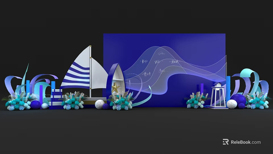 Nautical Photo Check In Spot With Blue Backdrop Sailboat Wave Patterns Lantern And Flower Bouquets 3d model 