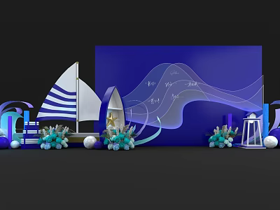 Nautical Photo Check In Spot With Blue Backdrop Sailboat Wave Patterns Lantern And Flower Bouquets 3d model