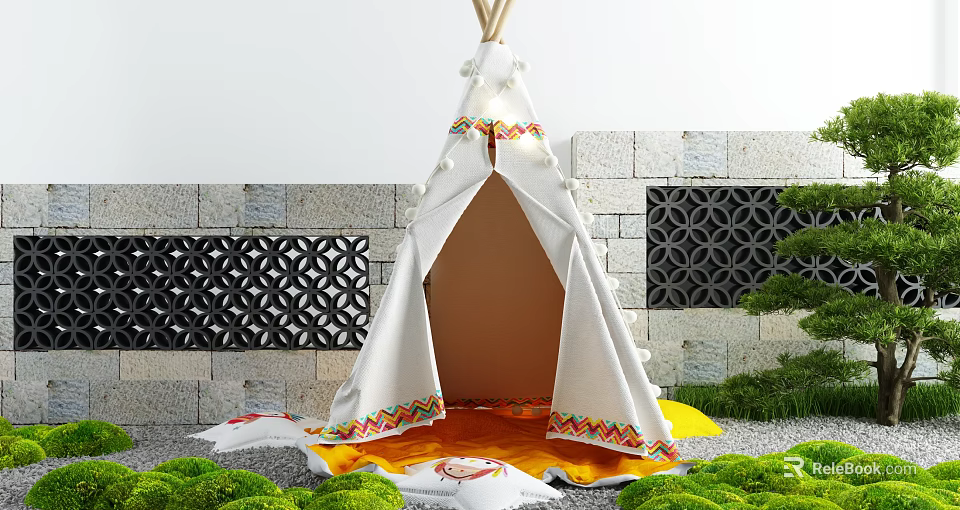 White Teepee Tent With Colorful Embroidery Decorative Lights Orange Mat Green Plants And Stone Wall 3d model 