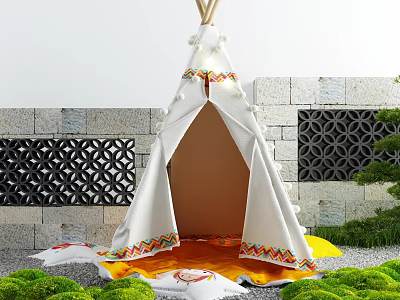 White Teepee Tent With Colorful Embroidery Decorative Lights Orange Mat Green Plants And Stone Wall 3d model