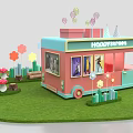 Colorful Cartoon Food Cart Scene With Green Grass Flowers And Mushroom Decorations