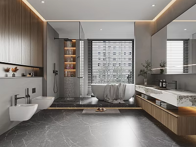 Modern Bathroom With Wooden Accents Glass Shower Double Vanity And Marble Countertop 3d model