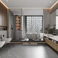 Modern Bathroom With Wooden Accents Glass Shower Double Vanity And Marble Countertop