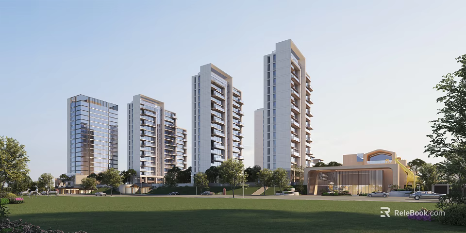 Modern High Rise Residential Buildings With Green Lawn Trees And Community Clubhouse 3d model 