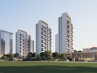 Modern High Rise Residential Buildings With Green Lawn Trees And Community Clubhouse 3d model