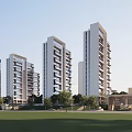 Modern High Rise Residential Buildings With Green Lawn Trees And Community Clubhouse