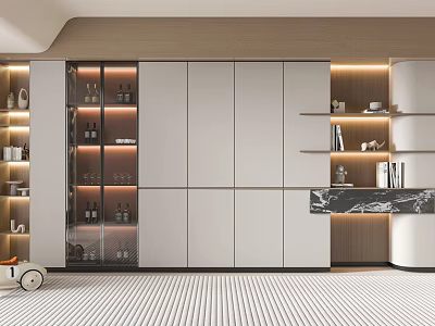 Modern Wine Cabinet With Glass Doors Wine Racks And Lighting In Open Kitchen 3d model