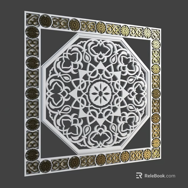 Intricate White Carved Design With Gold Decorative Frame And Symmetrical Pattern 3d model