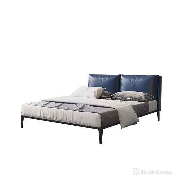 Modern Double Bed With Blue Leather Headboard Black Frame And Gray White Bedding 3d model