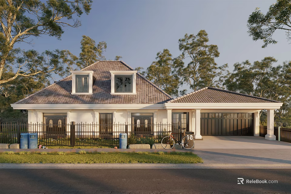 Single Family Home Exterior Design With Dormer Windows White Fence Trees Lawn And Garage 3d model 
