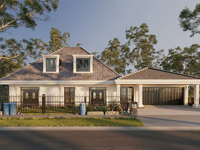 Single Family Home Exterior Design With Dormer Windows White Fence Trees Lawn And Garage 3d model