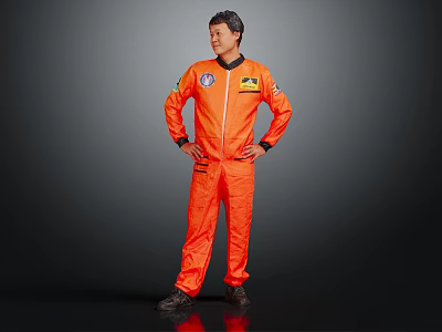 Man in orange spacesuit standing with hands on hips against dark background with NASA logo 3d model