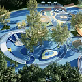 Vibrant Kids Playground With Circular Play Areas Green Lawns And Surrounding Trees