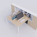 Multiple Modern Office Desks Interior Design with Wooden Tabletops and White Cabinets