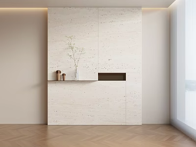 Minimalist Modern Interior Wall Design With Shelf Decor And Herringbone Floor 3d model