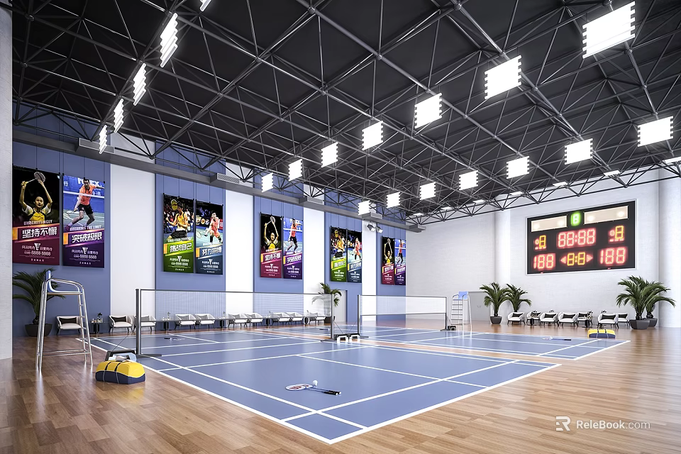 Indoor Sports Court With Blue Floor Ceiling Lights Wall Posters Digital Scoreboard And Seating Areas 3d model 