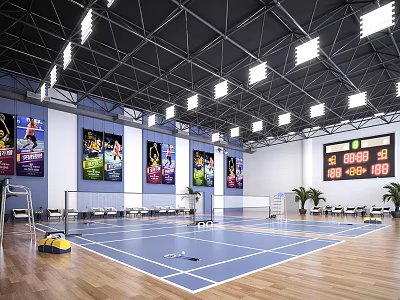 Indoor Sports Court With Blue Floor Ceiling Lights Wall Posters Digital Scoreboard And Seating Areas 3d model