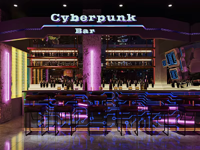 Cyberpunk Themed Bar Interior With Neon Lights And Futuristic Elements 3d model