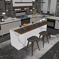 Modern Kitchen Interior Design With Marble Island Counter And Stylish Stools 3d model