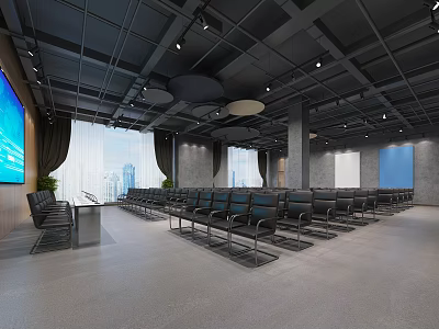 Modern Large Conference Room Interior With Black Seats Gray Walls Big Screen And Windows 3d model