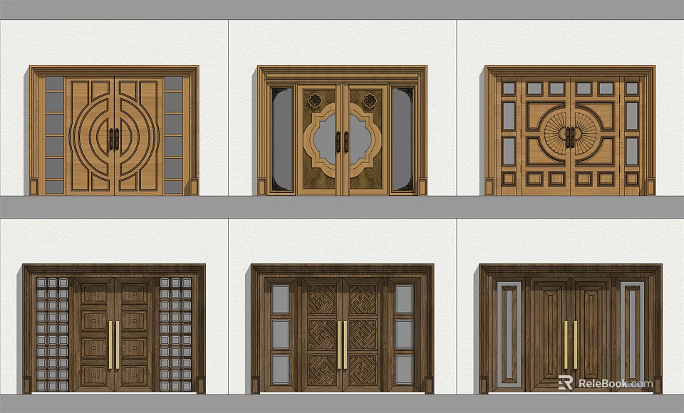 Traditional Wooden Entry Doors Design With Ornate Carvings Brass Handles And Glass Panels 3d model 