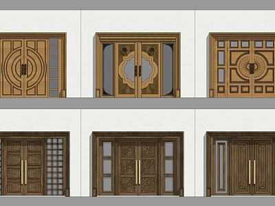 Traditional Wooden Entry Doors Design With Ornate Carvings Brass Handles And Glass Panels 3d model
